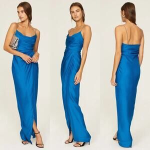 GAUGE81 Shiroi Dress 100% Silk Satin Sleeveless Cowl Neck Slip Maxi Gown Blue L